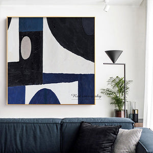 Abstract Geometric Color Black Blue Oil Painting on Canvas