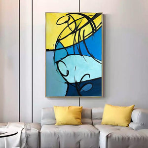 Hand-painted Minimalist Modern Blue Yellow Abstract Oil Painting on Canvas